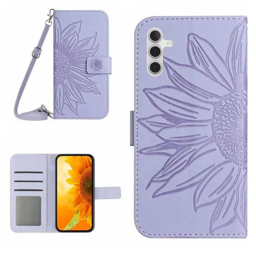 Funda de piel con tapa y cordón para Samsung Galaxy S25 FE 5G, con diseño de girasoles en relieve (morado)