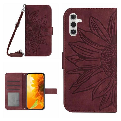 Funda de piel con tapa y cordón para Samsung Galaxy S25 FE 5G, con diseño de girasoles en relieve (rojo vino)
