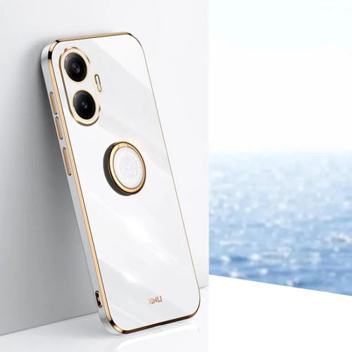 Funda de TPU con borde recto 6D galvanizado y soporte para anillo para Redmi Turbo 4 Pro (blanca)