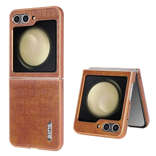 Estuche para Teléfono Samsung Galaxy Z Flip5 Azns Textura de Cocodrilo y Marco Galvanizado (Marrón)