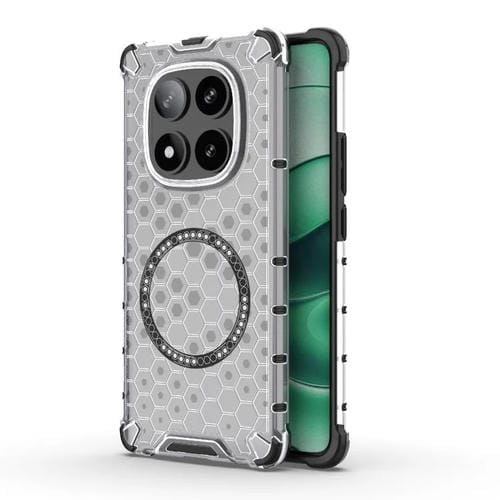 Funda para Teléfono a Prueba de Golpes con Anillo Magnético de Panal para Redmi Note 14 Pro 5G (Blanca)