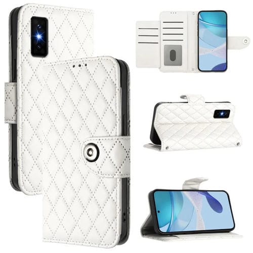 Funda de cuero con textura rómbica y cordón para Infinix GT 30 Pro (blanca)