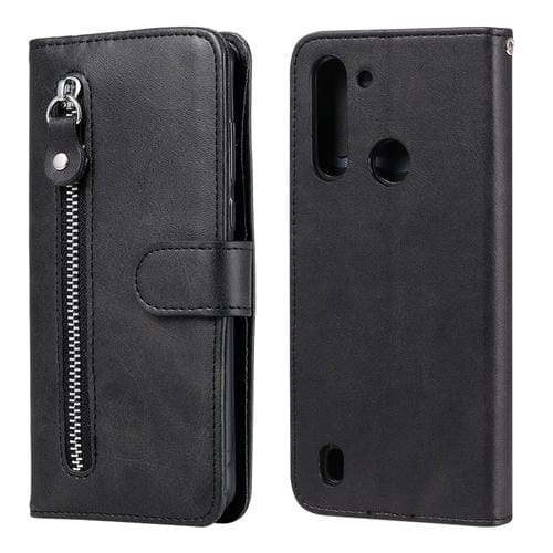 Para Motorola Moto G8 Power Lite Fashion Becerro Textura Cremallera Funda de cuero con tapa horizontal con soporte y ranuras para tarjetas y función de billetera (Negro)