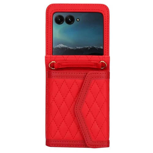 Funda para Motorola Razr 50 Ultra con textura rómbica y cordón largo y corto (roja)