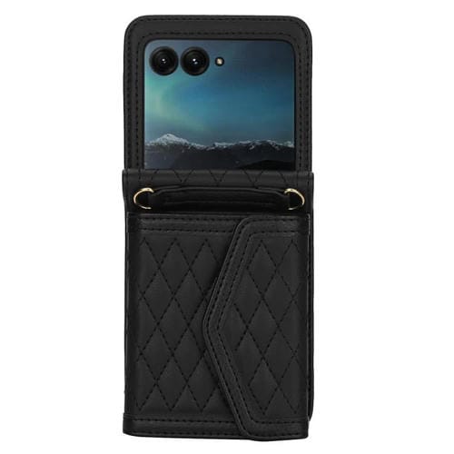 Funda con textura rómbica para Motorola Razr 60 Ultra, con cordón largo y corto (negra)