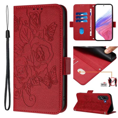 Funda de cuero antirrobo RFID con relieve rosa para Samsung Galaxy M56 5G (roja)