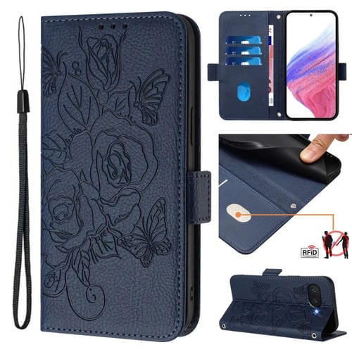 Funda de Cuero Antirrobo con Diseño de Rosa en Relieve RFID para Google Pixel 9A (Azul Oscuro)
