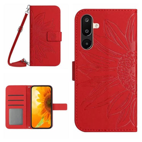 Funda de piel con tapa y cordón para Samsung Galaxy M36 5G, con diseño de girasol en relieve y tacto suave (roja)
