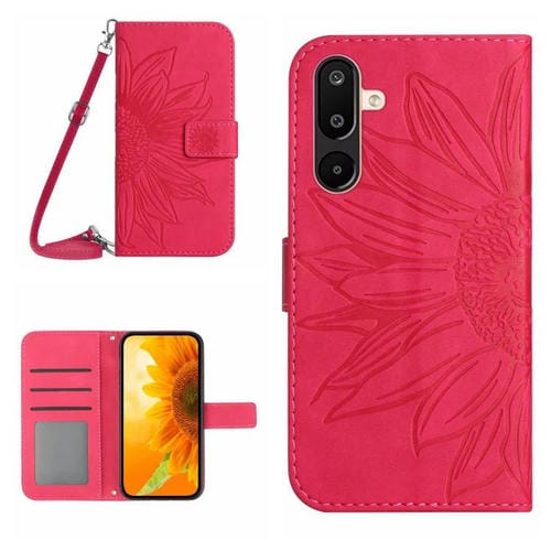 Funda de piel con tapa y cordón para Samsung Galaxy M36 5G, con diseño de girasol en relieve y tacto suave (rosa y rojo)