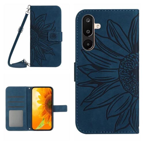 Funda de piel con tapa y cordón para Samsung Galaxy M36 5G, con diseño de girasol en relieve y tacto suave (azul tinta)