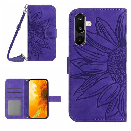 Funda de piel con tapa y cordón para Samsung Galaxy M36 5G, con diseño de girasoles en relieve (morado oscuro)