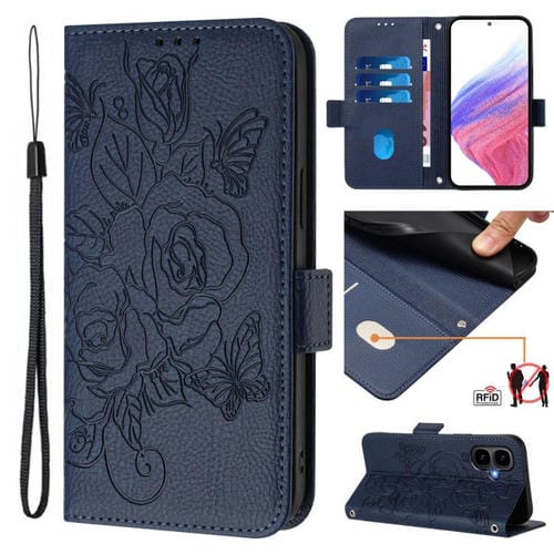 Funda de cuero antirrobo RFID con relieve rosa para Tecno Pop 10 / Infinix Smart 10 4G (azul oscuro)