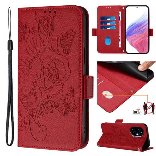 Funda de Cuero Antirrobo RFID con Relieve para Honor 300 5G (Rojo)