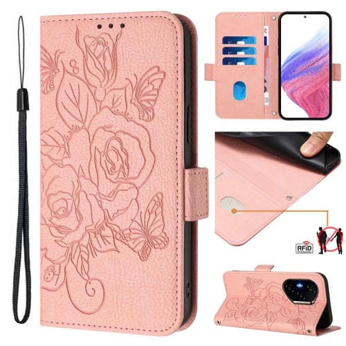 Funda de Cuero Antirrobo RFID con Relieve para Honor 300 Pro 5G y 300 Ultra 5G (Rosa)