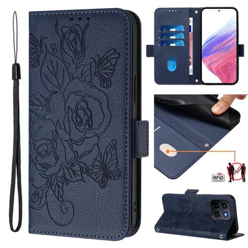 Funda de cuero antirrobo RFID con relieve rosa para Honor X6c 4G (azul oscuro)