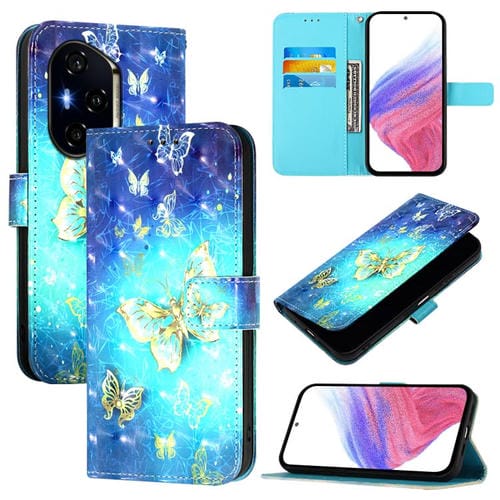 Funda de Cuero con Tapa Horizontal y Pintura 3D para Honor 300 Pro/300 Ultra (Mariposa Dorada)
