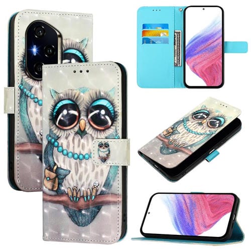 Funda de Cuero con Tapa Horizontal y Pintura 3D para Honor 300 Pro/300 Ultra (Búho Gris)