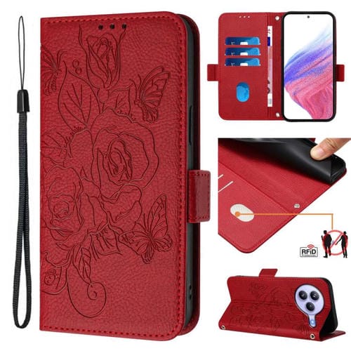 Funda de cuero antirrobo RFID con relieve rosa para Xiaomi Civi 5 Pro 5G (roja)