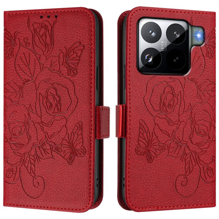 Funda de cuero antirrobo RFID con relieve rosa para Xiaomi 15S Pro 5G (roja)