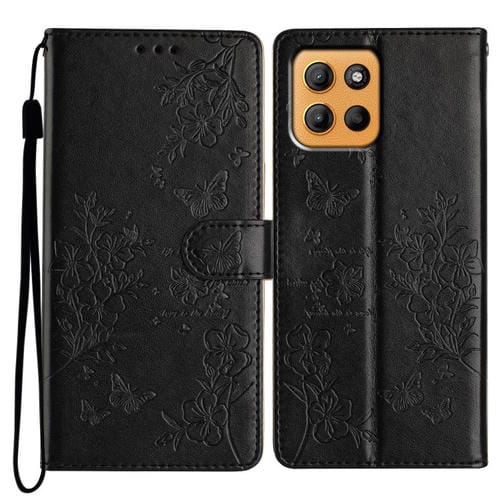 Funda de Cuero Motorola Moto G15 con Diseño de Mariposas y Flores (Negra)