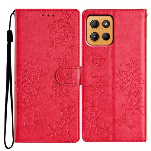 Funda de Cuero Motorola Moto G15 con Diseño de Mariposas y Flores (Roja)