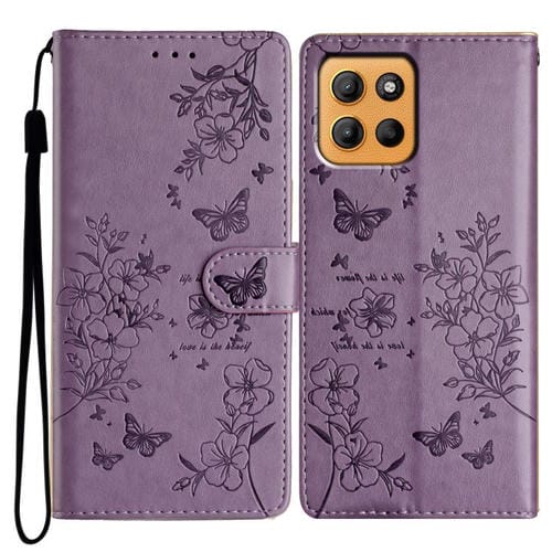 Funda de Cuero para Motorola Moto G15 con Mariposas y Flores (Morado)
