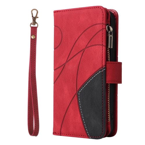 Funda de cuero con cremallera para iPhone 17, bicolor, con 9 ranuras para tarjetas (roja)