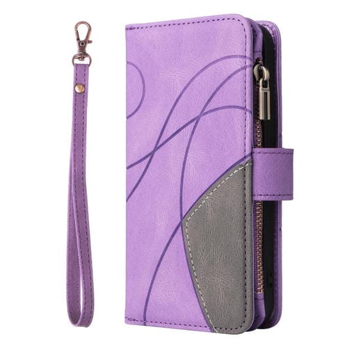 Funda de cuero con cremallera para iPhone 17, bicolor, con 9 ranuras para tarjetas (morado)