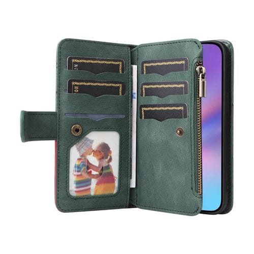 Funda de cuero con cremallera para iPhone 17, bicolor, con 9 ranuras para tarjetas (verde)