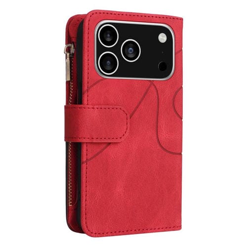 Funda de cuero con cremallera para iPhone 17 Pro, bicolor, con 9 ranuras para tarjetas (roja)