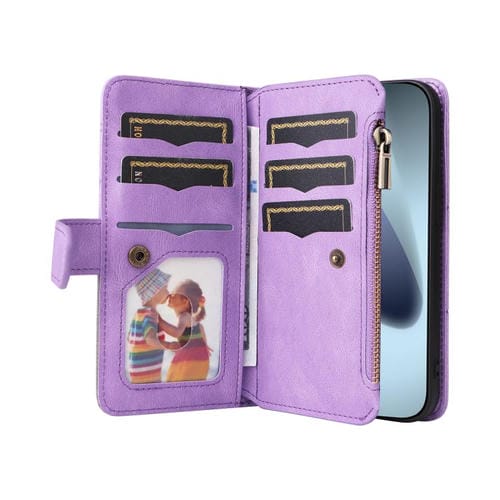 Funda de cuero con cremallera para iPhone 17 Pro, bicolor, con 9 ranuras para tarjetas (morado)