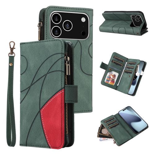Funda de cuero con cremallera para iPhone 17 Pro, bicolor, con 9 ranuras para tarjetas (verde)
