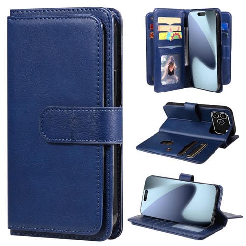 Funda de cuero multifunción tipo billetera para iPhone 17 Pro con 10 ranuras para tarjetas (azul oscuro)