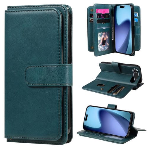 Funda de cuero multifunción tipo billetera para iPhone 17 Air con 10 ranuras para tarjetas (verde oscuro)