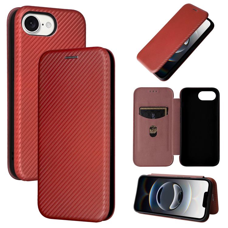 Funda de Cuero con Tapa y Textura de Fibra de Carbono para iPhone 16E (Marrón)