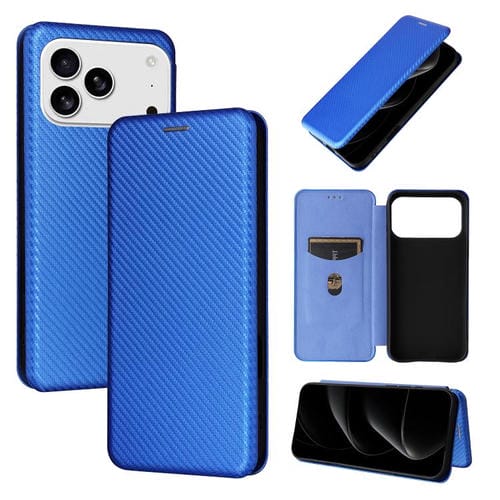 Funda de cuero con textura de fibra de carbono para iPhone 17 Pro Max (azul)