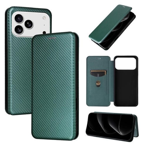 Funda de cuero con textura de fibra de carbono para iPhone 17 Pro Max (verde)