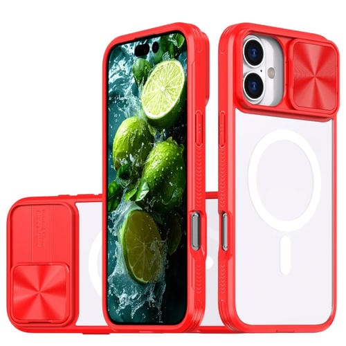 Funda para iPhone 16 Cubierta Deslizante AcrĂlico Transparente PC TPU Lente Magsafe (Rojo Chino)