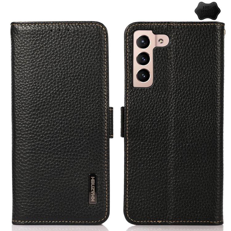 Funda de cuero genuino KHAZNEH con imán lateral y RFID para Samsung Galaxy S25 FE 5G (negra)