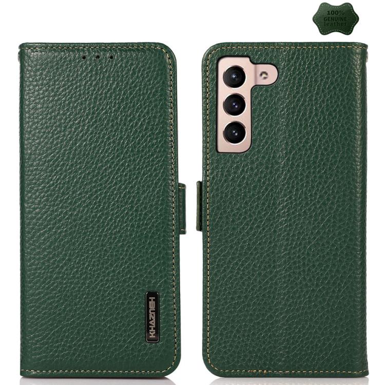 Funda de cuero genuino KHAZNEH con imán lateral y RFID para Samsung Galaxy S25 FE 5G (verde)
