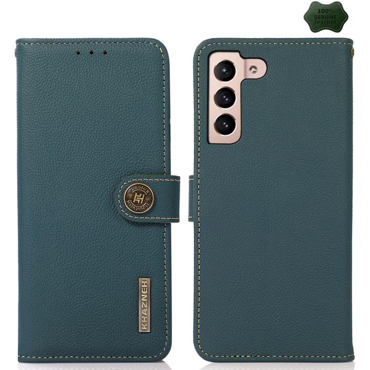 Funda de cuero genuino KHAZNEH Custer RFID para Samsung Galaxy S25 FE 5G (verde)
