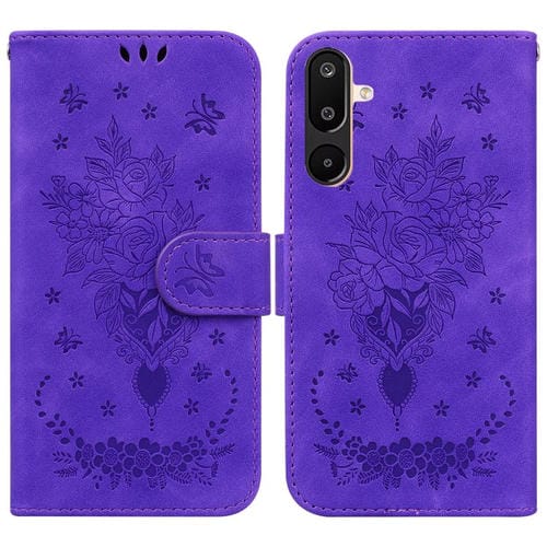 Funda de piel con relieve de mariposa y rosa para Samsung Galaxy M16 5G / F16 5G / M36 5G (morada)