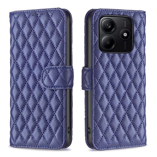 Funda de Cuero Tipo Billetera con Tapa y Diseño de Celosía En Forma de Diamante para Redmi Note 14 4G (Azul)