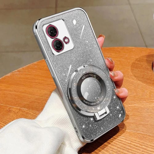 Funda de TPU con Soporte Redondo y Purpurina Degradada para Motorola Moto G84 (Plateada)