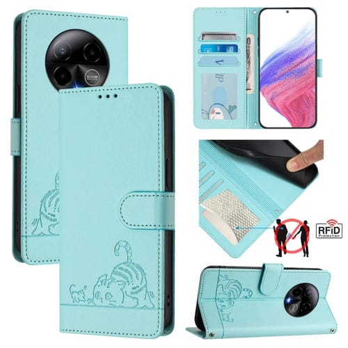 Funda Cuero RFID con Relieve Rata y Gato para Blu Bold K50 con Cordón (Verde Menta)