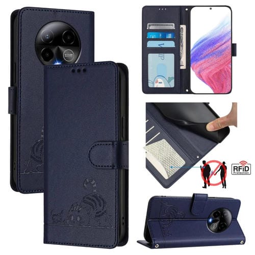 Funda de Cuero RFID con Relieve de Rata y Gato para Blu Bold K50 con Cordón (Azul)