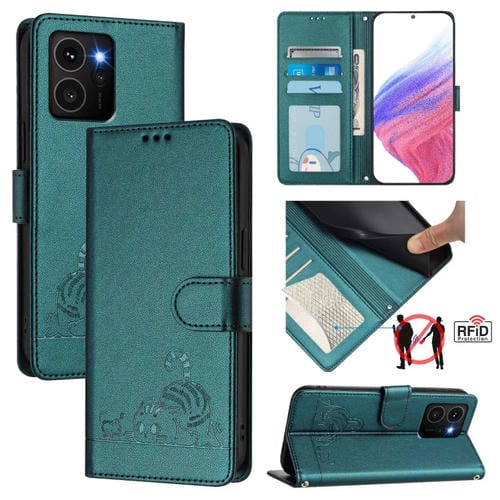 Funda de Cuero Rfid para Teléfono HMD Skyline con Relieve de Gato y Rata y Cordón (Verde Pavo Real)