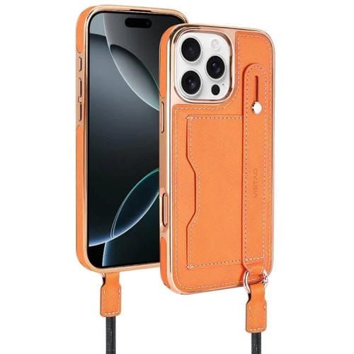 Funda para Teléfono Vietao iPhone 16 Pro Max con Ranura para Tarjeta y Correa de Muñeca (Naranja)