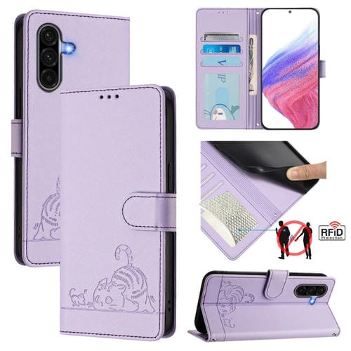 Funda de Cuero Rfid para Samsung Galaxy A36 5G con Estampado de Rata y Gato y Cordón (Morado)