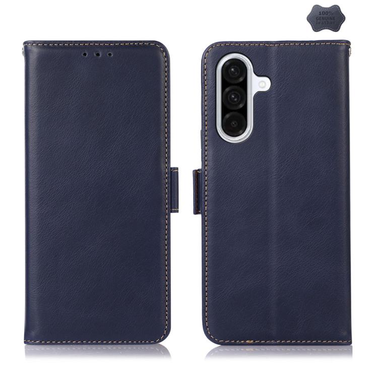 Funda magnética de cuero genuino con textura Crazy Horse RFID para Samsung Galaxy A17 5G (azul)